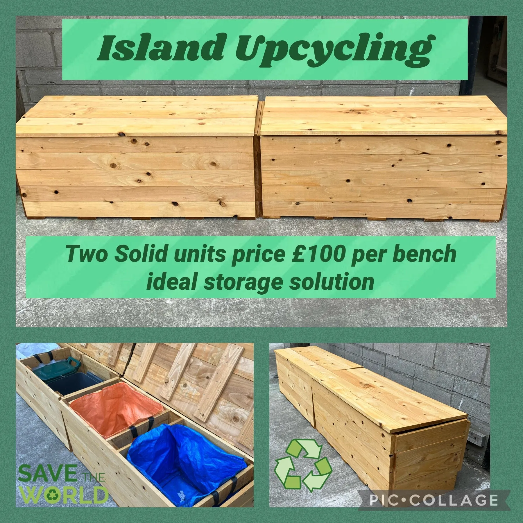 Two Solid Recycling Storage Benches Flat Pack